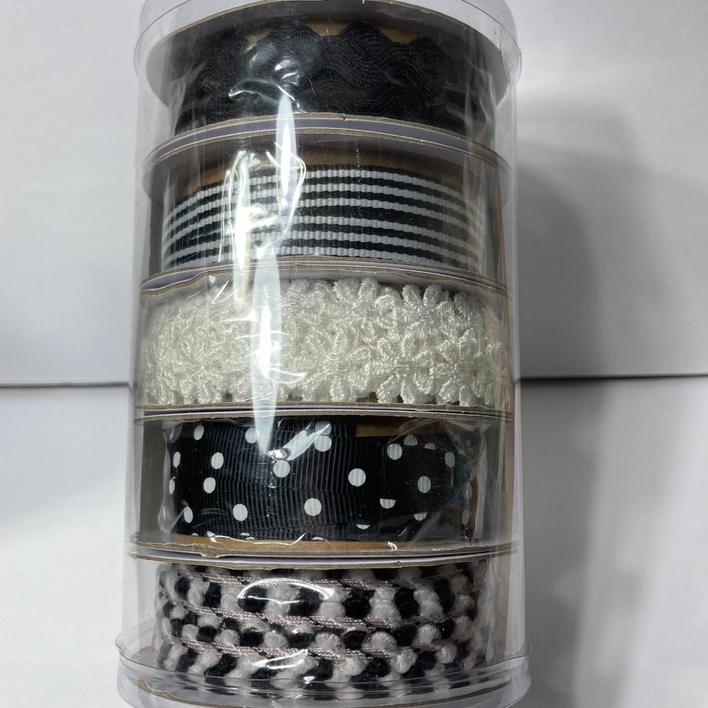 Black & White Coordinated Trim Ribbon 5 Rolls 2 Yards Each Flower Polka Dot